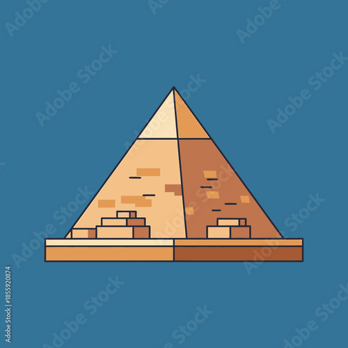 Stylized pyramid with stone blocks and geometric design.