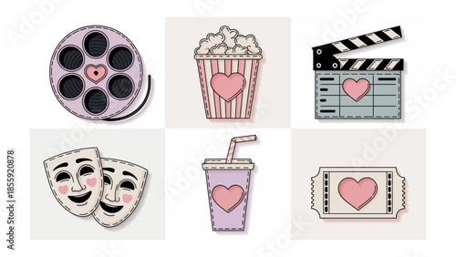 Cinema Romance: A charming collection of cinematic elements adorned with delicate hearts, symbolizing the love for film. Includes film reel, popcorn, clapperboard, theatre masks, beverage, ticket. 