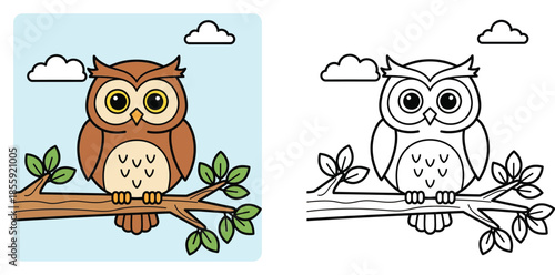 Cute Cartoon Owl Sitting on a Tree Branch with Green Leaves, Wise Bird Illustration for Kids on Blue Sky with Clouds Background, Character Design for Children Books and Education