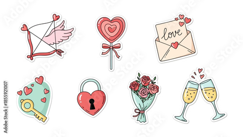 Love-Themed Emblems: Charming illustrated emblems, capturing the essence of affection, featuring hearts, cupid, locks, keys, and romantic symbols.