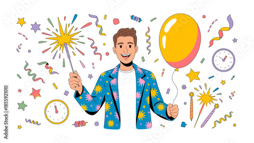 Joyful Celebration: A man, in a vibrant jacket, smiles holding a balloon and sparkler, amidst colorful confetti and festive decorations, evoking happiness and celebratory emotions.