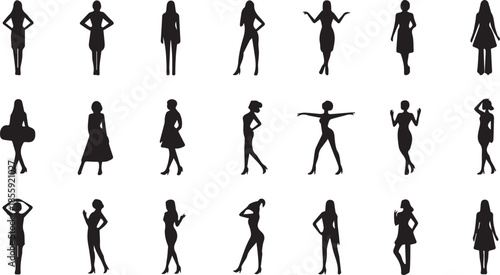 stylish women Silhouette in diverse poses, collection of woman showcasing fashion and elegance on a white background, perfect for design, art, and fashion projects 