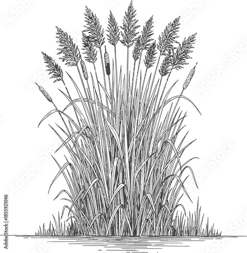 Hand Drawn Black and White Vector Sketch of Swamp Reeds Cattails and Marsh Grasses Vintage Engraving Style