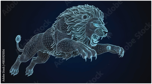 Fierce digital wireframe lion roaring in a dynamic pose with glowing blue eyes on dark background. Vector wireframe illustration.