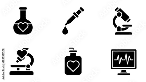 Scientific icons with health symbols: A set of six vector icons presents elements of scientific study integrated with the health icon.