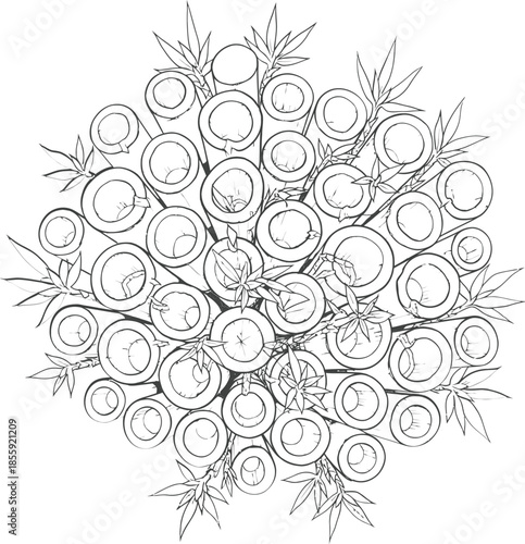 Bamboo Cross Sections and Leaves Line Art Sketch Top View Pattern Black and White Vector Illustration