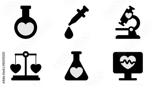 Love and Science: A set of icons representing the intersection of love and scientific principles, incorporating heart shapes into flasks, droppers, and microscopes.