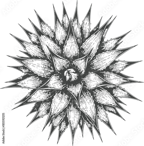 Black and white agave rosette engraving isolated on white background hand drawn succulent desert plant illustration