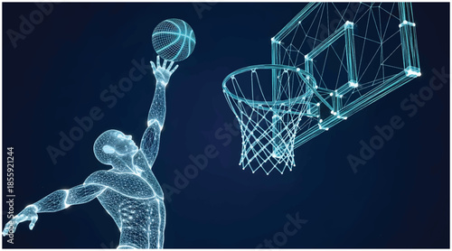 Wireframe basketball player in action, digitally rendering a dynamic slam dunk moment. Vector wireframe illustration.