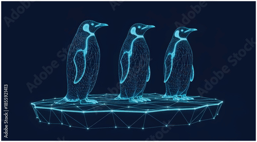 Digital wireframe penguins stand on a geometric ice floe symbolizing technology and climate change. Vector wireframe illustration.