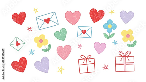 Hearts and Gifts: An enchanting illustration presents a whimsical display of colorful hearts, adorned envelopes, gift box and delicate flowers, perfect for expressing love and joy.