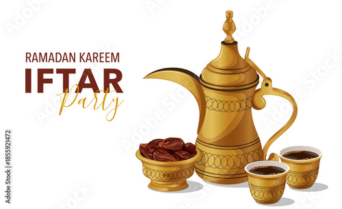 Ramadan Kareem Iftar Party Composition Featuring Arabic Dallah, Coffee Cups and Dates – Traditional Arabian Hospitality Vector Illustration