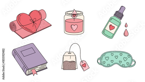 Self-Care Essentials: A serene arrangement of self-care items, featuring a yoga mat with a heart-shaped gift, a scented candle, a serum, a journal, a tea bag, and an eye mask.
