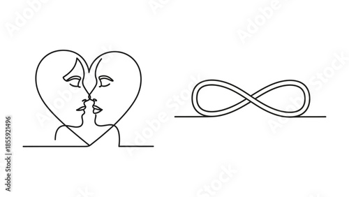 Eternal Embrace: Minimalist line art captures an intimate moment and a symbol of infinity, embodying enduring love and the boundless nature of affection.