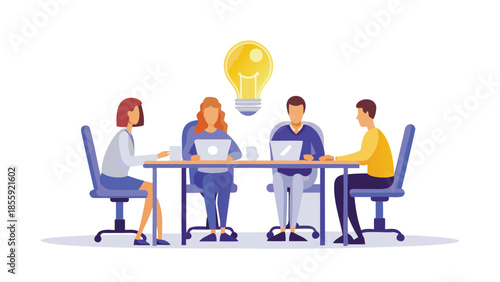 Four individuals seated at collaborative table with laptops and lightbulb idea