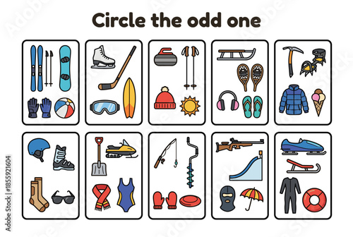 Educational activity worksheet for kids with illustrated items for winter  