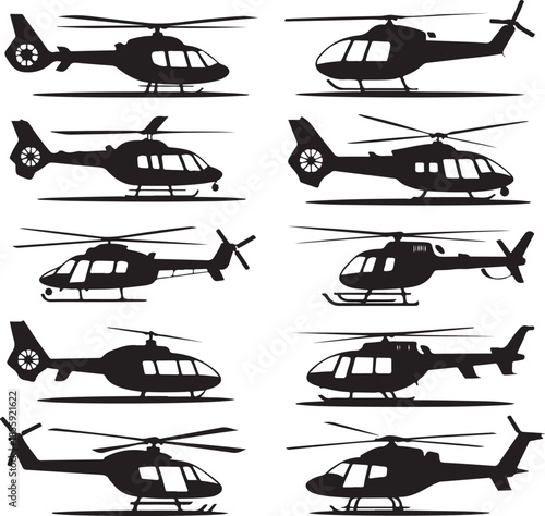 Collection of various helicopter silhouettes isolated on transparent background