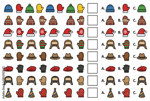 Educational activity worksheet for kids featuring various winter hats and gloves  
