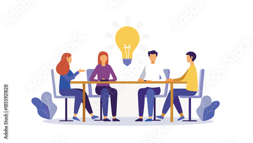Four diverse individuals sitting at a table discussing ideas with a lightbulb above them symbolizing creativity and innovation in a meeting