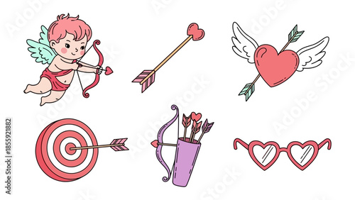 Valentine's Day Icon Set: An array of charming illustrations perfect for expressing affection and love. Including Cupid's bow and arrow, love heart, targeting arrow.