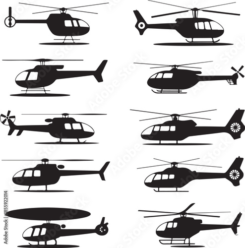 Collection of various helicopter silhouettes isolated on transparent background