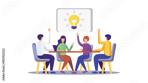 Four people sitting around a table sharing ideas with a lightbulb above them representing innovation and creativity in a meeting