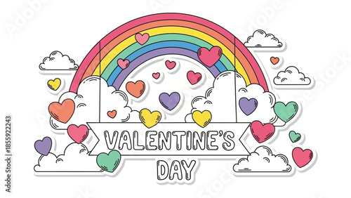 Valentine's Day Rainbow Delight: A vibrant Valentine's Day illustration featuring a rainbow arching over a banner proclaiming Valentine's Day, adorned with heart symbols and cloud formations.