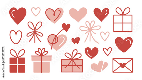 Love and Gift Graphic Collection: A charming compilation of hearts, gifts, bows, and a love letter. This festive collection radiates warmth and charm, perfect for conveying heartfelt sentiments.