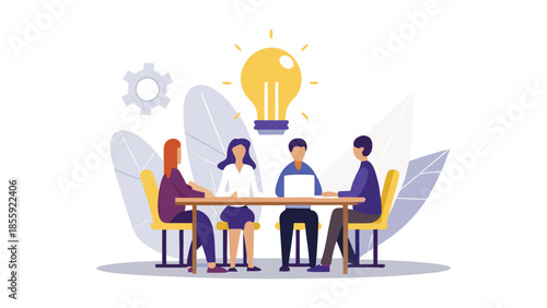 Four diverse colleagues sitting closely at a table with a lightbulb idea, teamwork and collaboration concept for business, creativity