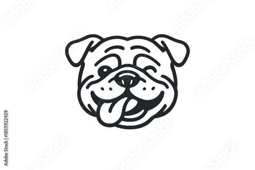 Funny bulldog face with tongue sticking out on yellow background