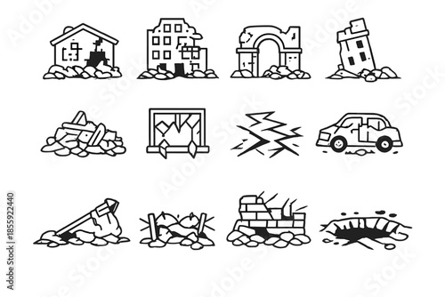 Set of icons depicting destruction and damage