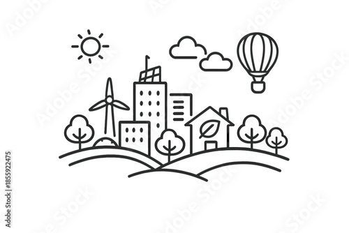 Eco-friendly city with wind turbine and solar panel, a house with a leaf symbol, trees, and a hot air balloon.