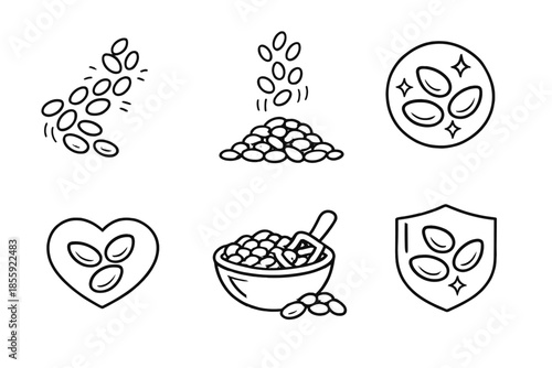 Collection of six black and white icons representing seeds