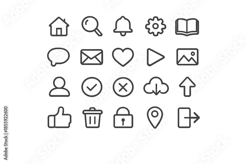 Set of 16 glossy UI icons with white symbols on a dark grey background