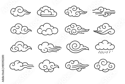 Set of stylized clouds with black outline on a gradient background