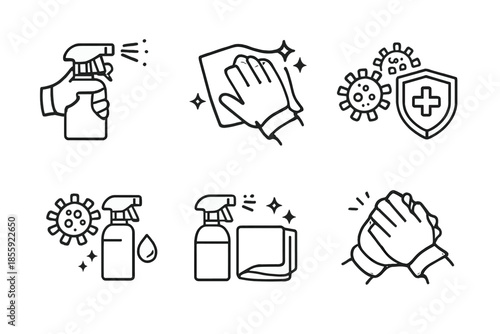 Set of hygiene and safety icons related to disinfection and virus protection.