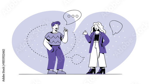 Friendly standing conversation between two people with speech bubbles on light purple background