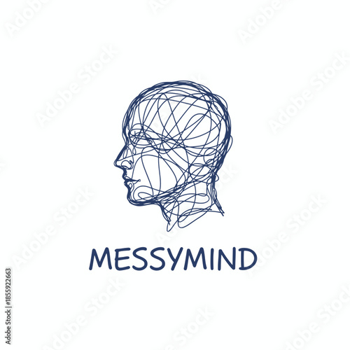 Artistic line art logo of a human head silhouette filled with tangled scribbles, representing mental health, complex thoughts, and psychology