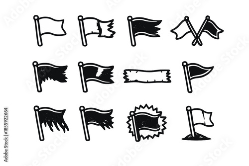 Set of 12 stylized flag icons with white outlines on a grey background