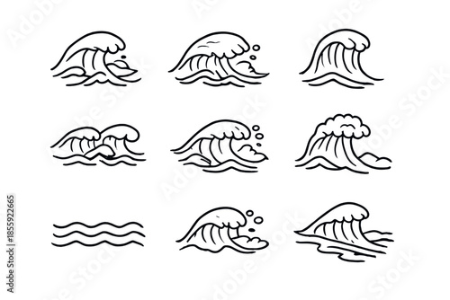 Set of nine stylized wave illustrations on a dark background