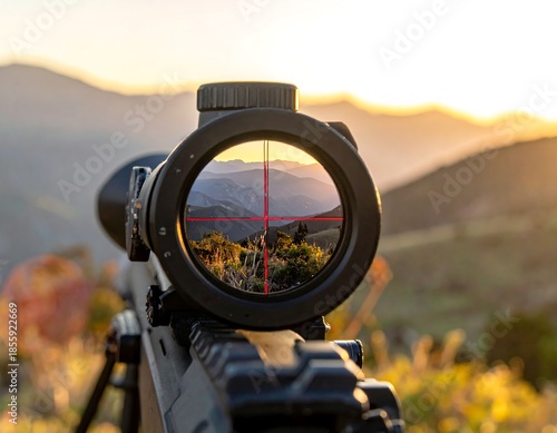 Close-up of a long-range optic, with a crosshair in focus over a mountain landscape at sunset. The weapon is resting on a bipod