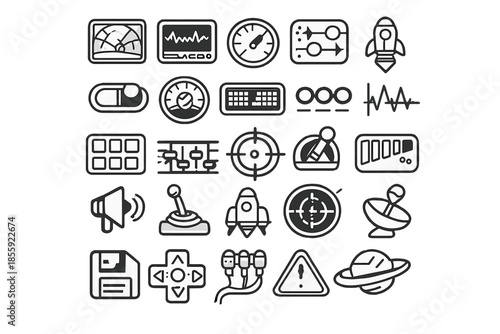 Collection of black and white game icons on a gray background