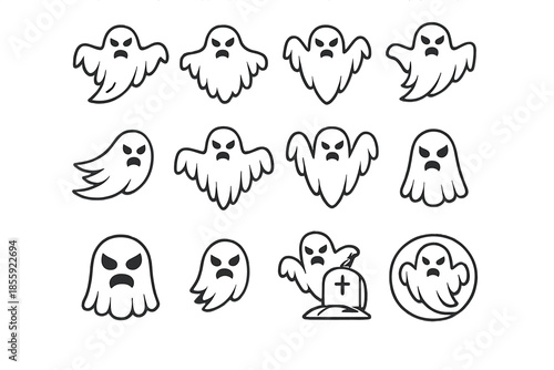 Collection of twelve spooky ghost icons on a gray background