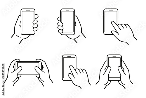 Set of hands holding and interacting with smartphones