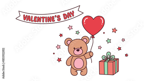 Sweetheart's Day: An adorable bear, clutching a heart-shaped balloon, stands near a beautifully wrapped gift. This charming illustration is perfect for conveying love, affection.