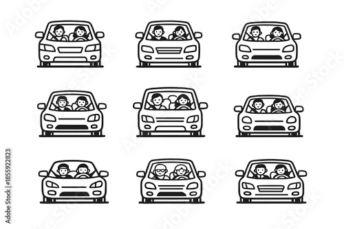 Set of Car Icons with People Inside