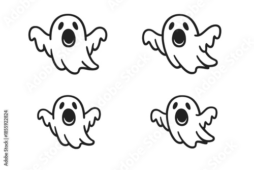 Four cartoon ghosts on an orange background