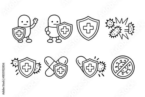 Cartoon germ defense and medical icons