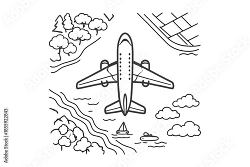 Overhead view of a white airplane flying above a landscape