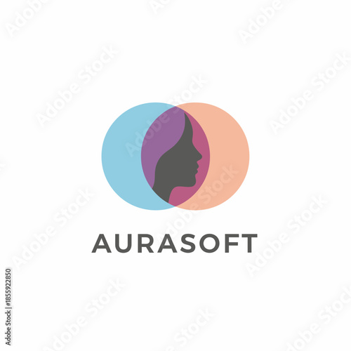 A modern logo featuring a female silhouette profile inside overlapping colorful circles. The brand name "AURASOFT" is written in clean, gray font
